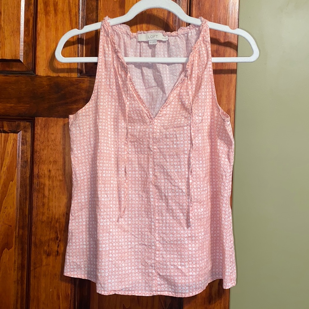 Ann Taylor LOFT Pink/White Boat/V Neck Tie Sleeveless Tank Top 100% Cotton SP